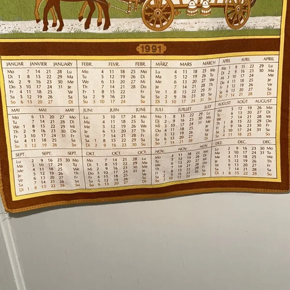 Vtg‎  1991 Calendar tea towel/European scene of cows being herded up mountain